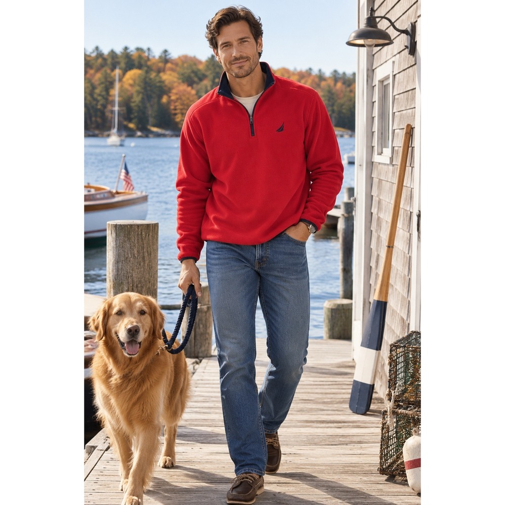 Nautica Mens XL Quarter Zip Fleece Pullover Red Navy Blue Mock Neck Logo Sweater